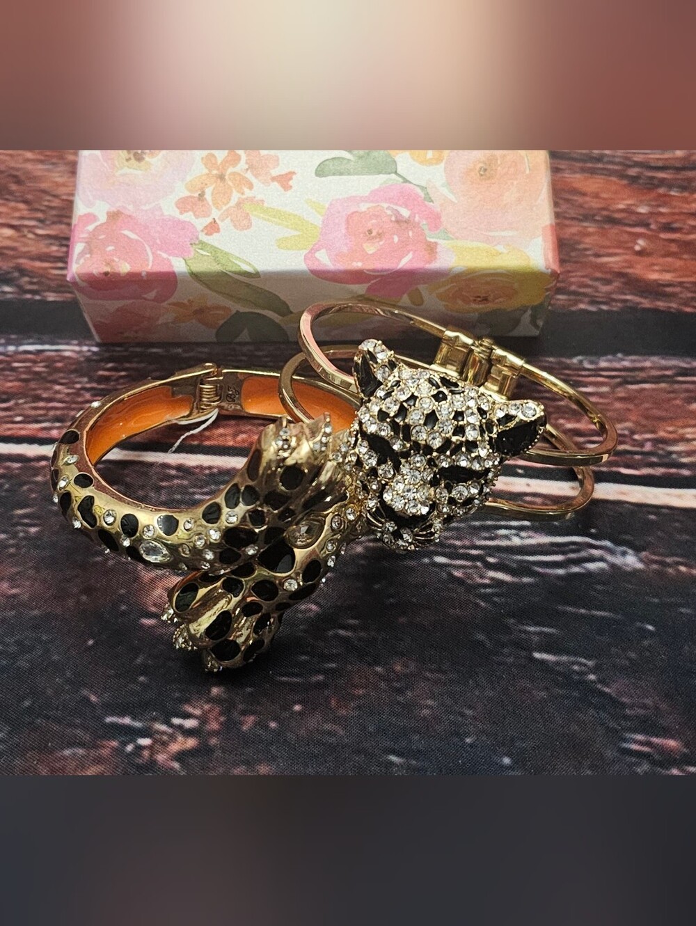 Designer Gold Tone Crystal Leopard Wrap Cuff Bracelet Rhinestones Spots